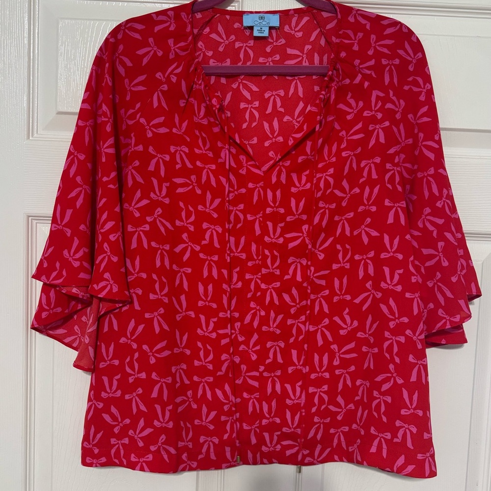 CeCe Vibrant Red Top with Pink Bow Design